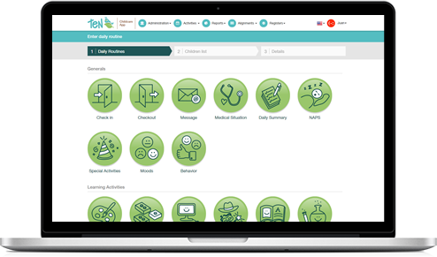 includes daily living activities such as learning, food intake, toilet training, health conditions and the child’s temporary state of feeling. It also includes a tab that allows to view the check in’s and out’s. It provides Internal parent to teacher instant messages. Teachers can view a daily group summary of the day, to evaluate daily activities.    </p>